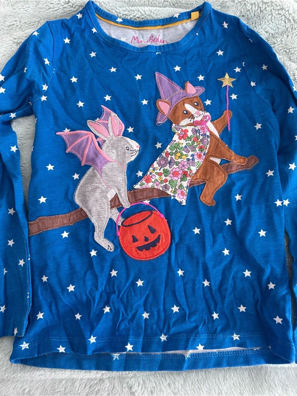 Mini Boden Blue Halloween Appliqué Animal Top (Check out the back)